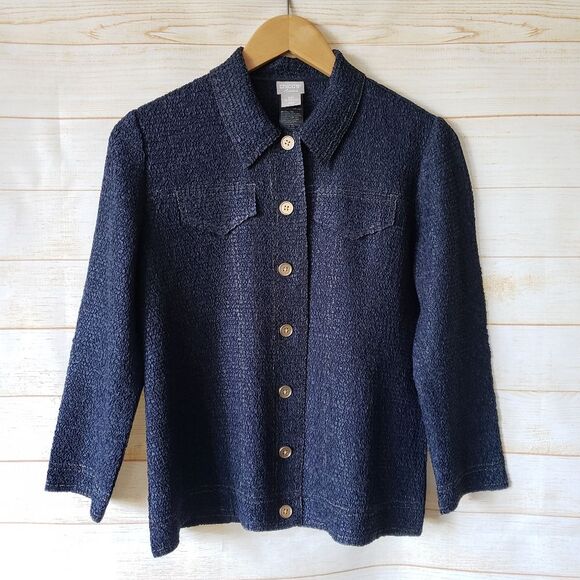 Chico's Travelers Crinkle Fabric Button Front Top Blouse Blue/Gold Women's 4/6P - Picture 1 of 11